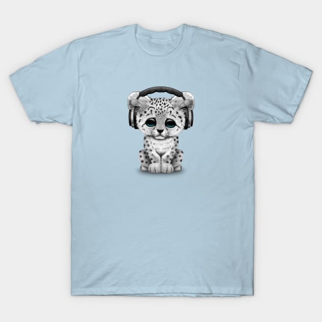 Cute Snow leopard Cub Dj Wearing Headphones T-Shirt by jeffbartels